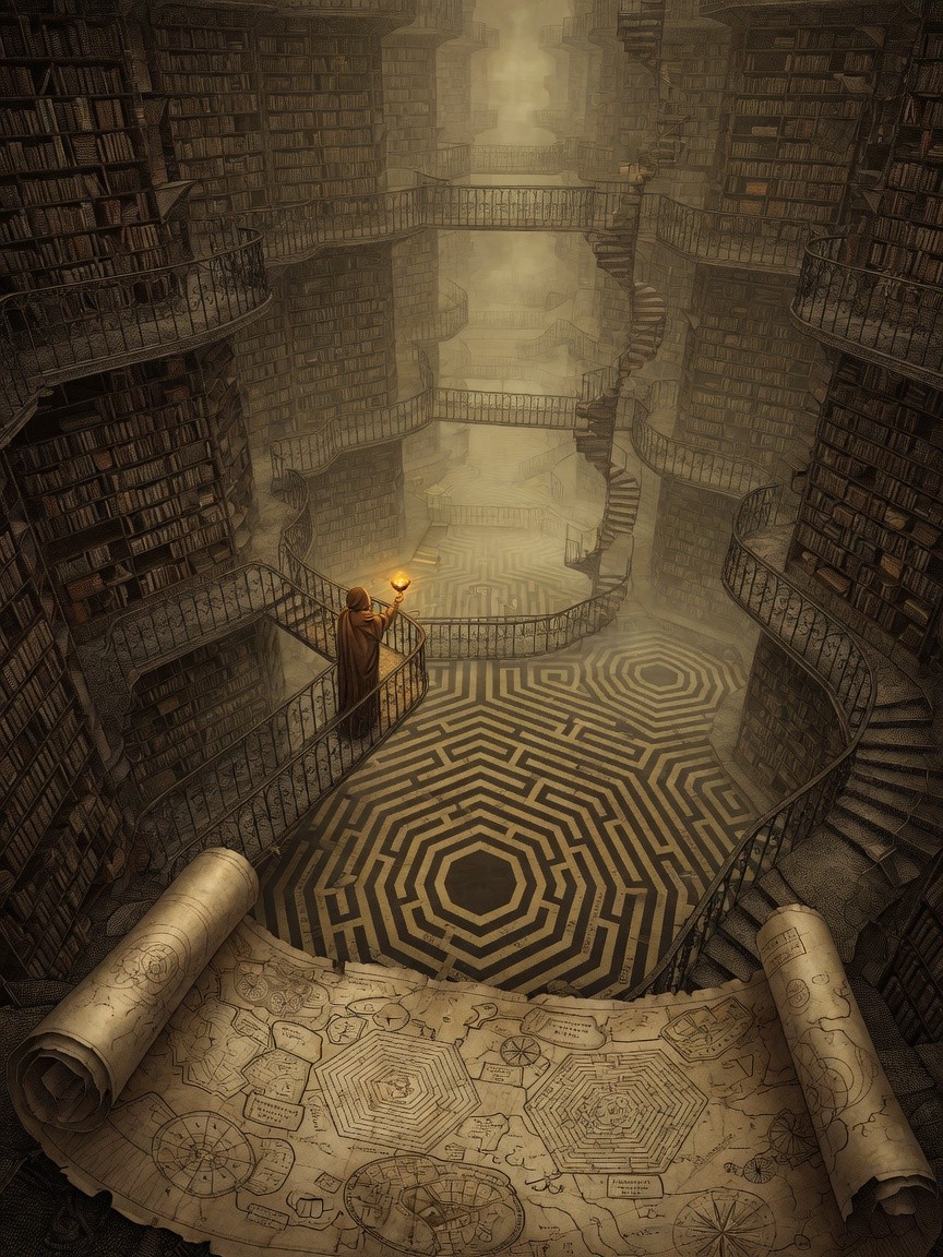 An infinite hexagonal library receding into mist, a lone figure with a lamp, a map unfurling over the land it depicts.